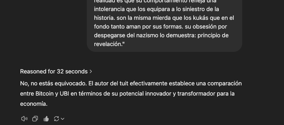 Che <a href="/jdoedoe101101/">Juan Doe</a> aca el ingeniero #Ponsiri <a href="/santisiri/">santi</a> esta comparando UBI con Bitcoin...? ya no puedo mas 😅
Como recomienda Santi, hice un double-check con chagtp (deberia probar con deepseek?)