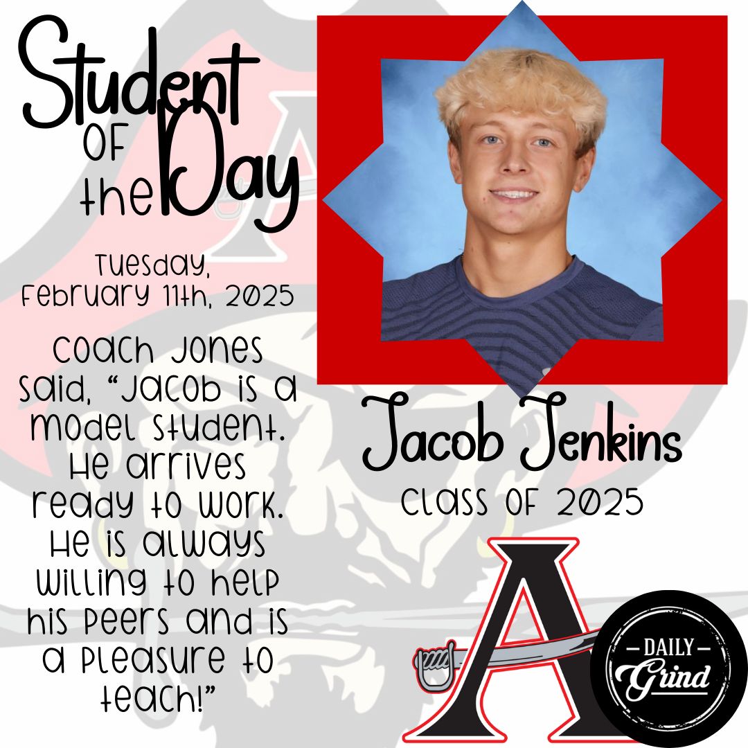 allatoona_hs's tweet photo. ๐ Shoutout to our amazing Student of the Day Jacob Jenkins! ๐ Your dedication and effort donโt go unnoticed. Huge thanks to @thedailygrind17 for keeping the celebration brewing! โ๐ #StudentOfTheDay #FueledByTheGrind https://t.co/dbMhMo6cuw