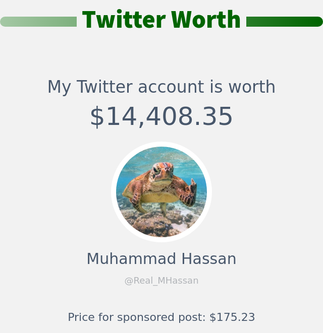 Real_MHassan's tweet photo. My Twitter worth is: $14,408.35

➡️ https://t.co/lAXuzZIZDh https://t.co/c9YlVzyOic