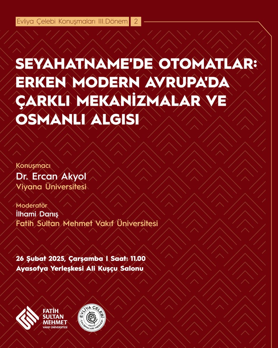 Evliya Çelebi Konuşmaları III. Dönemi Devam Ediyor!

Evliya Çelebi'nin Seyahatnamesi çerçevesinde farklı temaları ele alan konuşmaların üçüncüsü, çarklı mekanizmalar ve Osmanlı algısı üzerine odaklanıyor.

Bu etkinlikte, Viyana Üniversitesi'nden Dr. Ercan Akyol'u erken modern