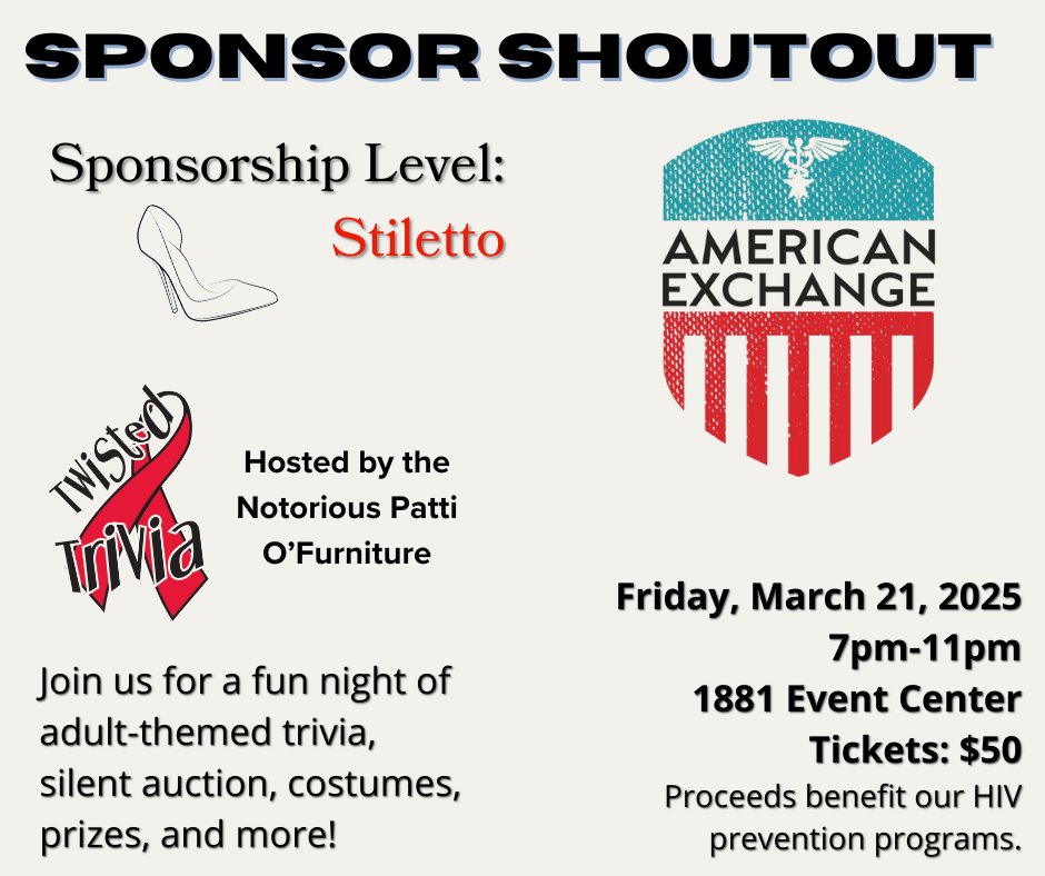 👠Sponsor shoutout👠

Thank you to American Exchange for sponsoring Twisted Trivia at the Stiletto level—we  appreciate your support!

#twistedtrivia2025 #SponsorSpotlight