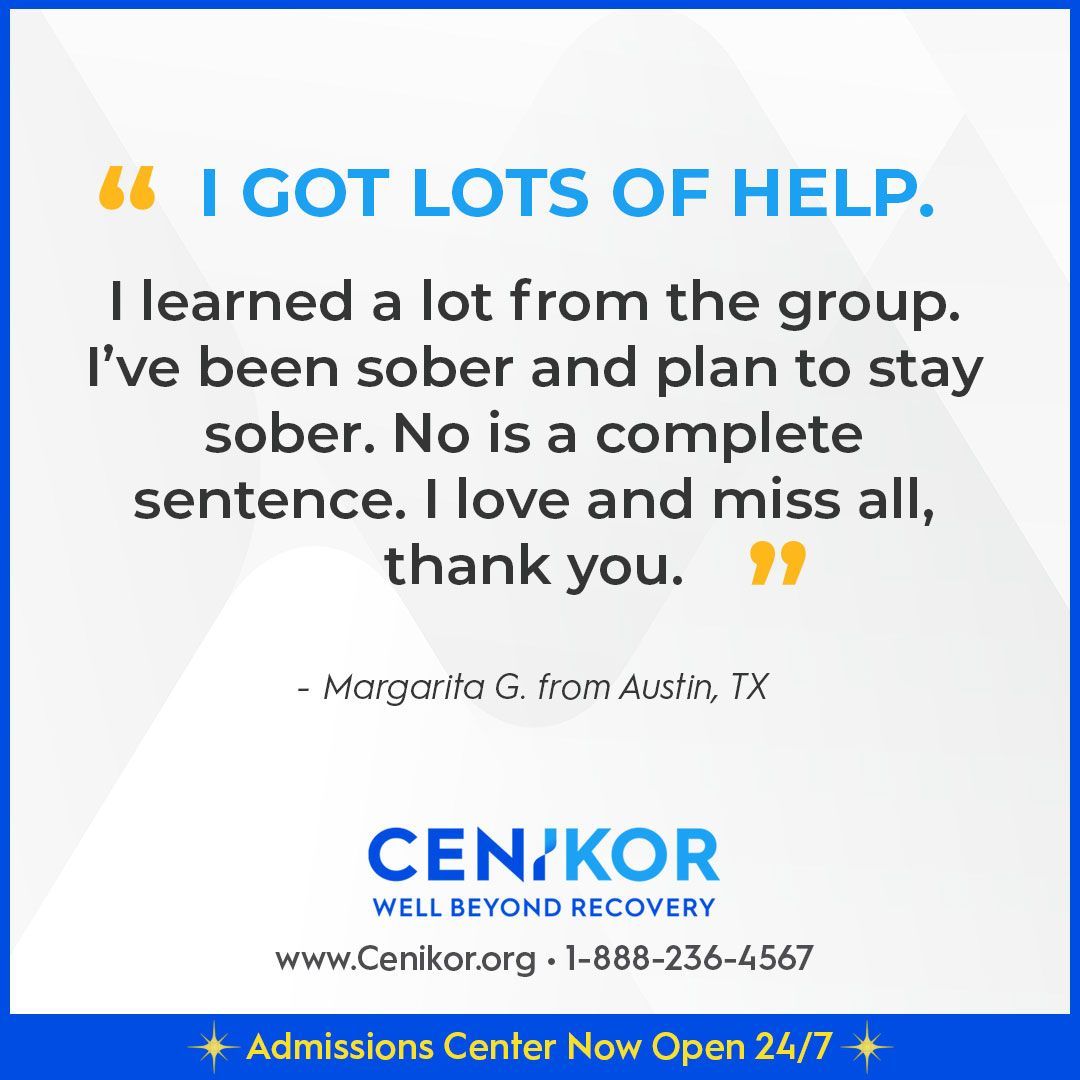 “I got lots of help.” Our Cenikor Champion, Margarita, shares her experience at our Austin location.   

To start your recovery journey, call our 24/7 Admissions Center at 1-888-236-4567
