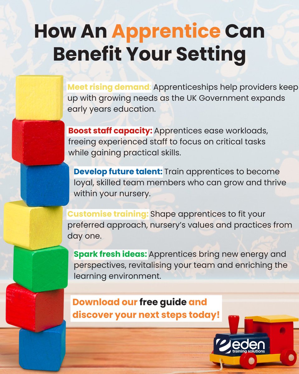 Did you know apprenticeships can be a game-changer for your nursery?   
Download our free guide  👉 linktr.ee/edentrainingso…

#NationalApprenticeshipWeek #EarlyYears #NurseryManagement #WorkforceDevelopment #earlyyearsapprenticeships #earlyyears #apprenticeships #edenresources