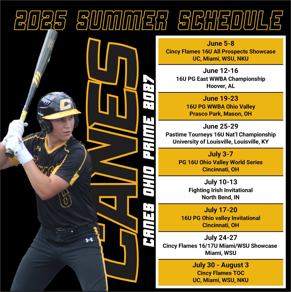 Canes Ohio Prime 2027 (@canesoh2027) on Twitter photo Our Summer 2025 Schedule 🗓️
<a href="/TourneyFlames/">Cincy Flames Tournaments</a> <a href="/PG_OhioValley/">Perfect Game Ohio Valley</a> @canes_ohio Our Summer 2025 Schedule 🗓️
<a href="/TourneyFlames/">Cincy Flames Tournaments</a> <a href="/PG_OhioValley/">Perfect Game Ohio Valley</a> @canes_ohio