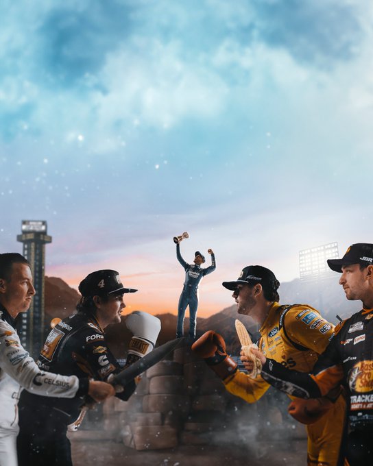 AJ Allmendinger, Noah Gragson, Todd Gilliland and Chase Briscoe face off with each other while holding props. Kyle Larson celebrates in the background with a miniature Bill France Cup.