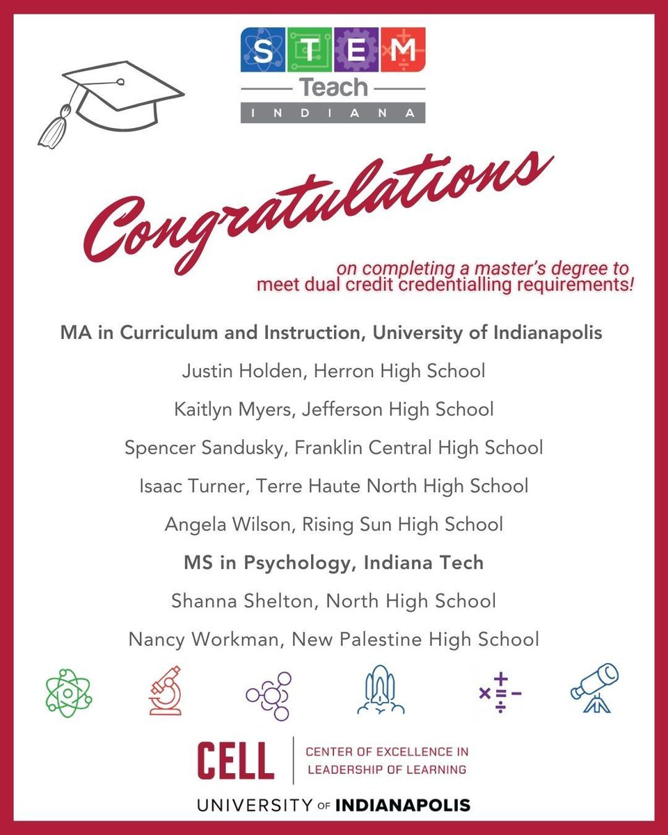 CELL at the University of Indianapolis (@celluindy) on Twitter photo 🎉 Congratulations to these teachers for completing a master's degree through #STEMTeachIN  to meet #dualcredit credentialing requirements! stemteachindiana.org
<a href="/HigherEdIN/">Indiana Commission for Higher Education</a> <a href="/ICIndiana/">ICIndiana</a> <a href="/LSClafayette/">Lafayette Schools</a> <a href="/FTCSC/">Franklin Township Community Schools</a> <a href="/vcsc_teamvigo/">Vigo County School Corporation</a> <a href="/EVSC1/">EVSC</a> 🎉 Congratulations to these teachers for completing a master's degree through #STEMTeachIN  to meet #dualcredit credentialing requirements! stemteachindiana.org
<a href="/HigherEdIN/">Indiana Commission for Higher Education</a> <a href="/ICIndiana/">ICIndiana</a> <a href="/LSClafayette/">Lafayette Schools</a> <a href="/FTCSC/">Franklin Township Community Schools</a> <a href="/vcsc_teamvigo/">Vigo County School Corporation</a> <a href="/EVSC1/">EVSC</a>