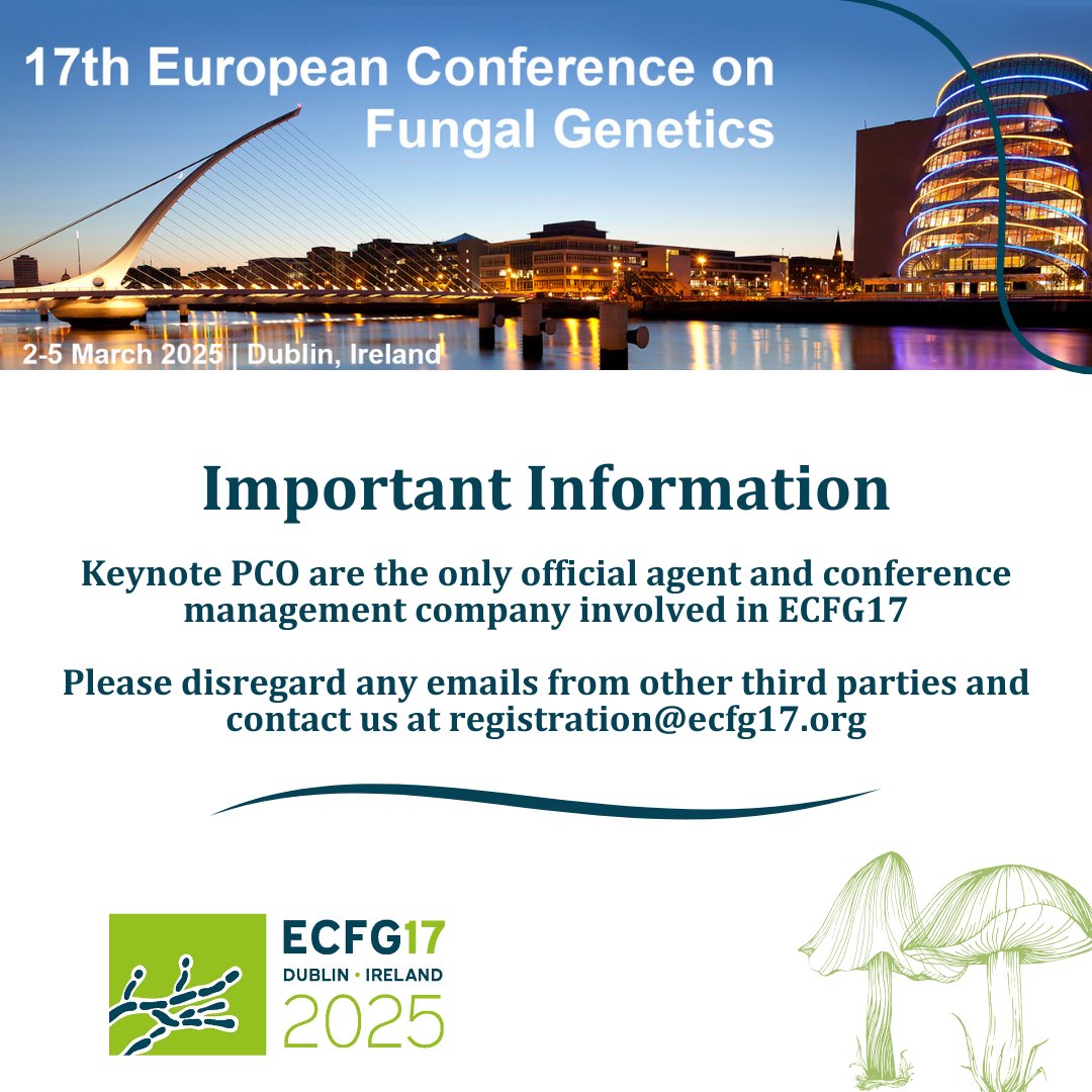 ECFG17Dublin's tweet image. 🚨Please be aware 🚨
Keynote PCO are the only official agent and conference management company involved in ECFG17.
No other agent or provider should be contacting you, offering registration, accommodation, sponsorship/exhibition or other services in relation to this event.
