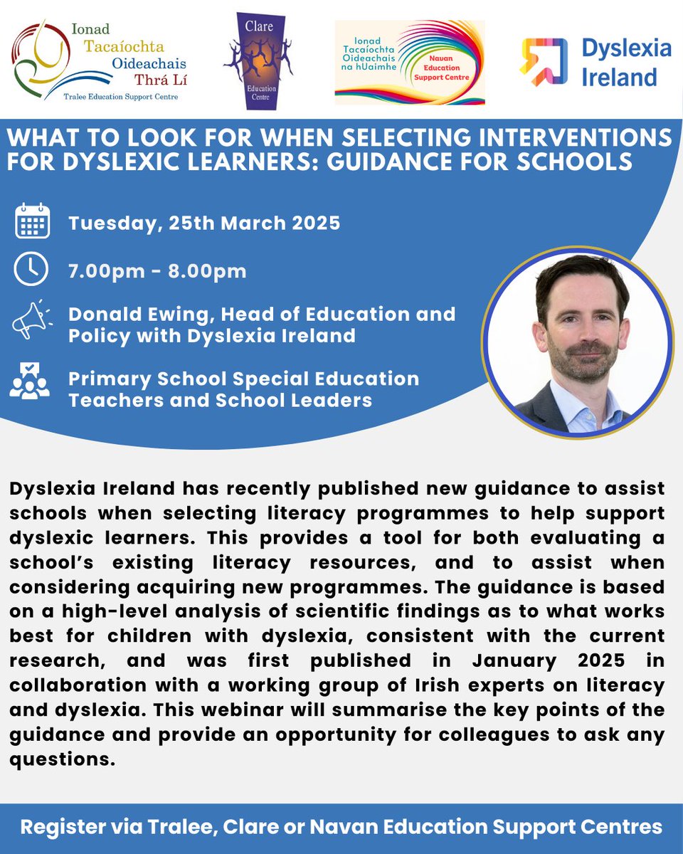 What To Look For When Selecting Interventions For Dyslexic Learners: Guidance for Schools 
 
DATE:      TUESDAY, 25TH MARCH 2025
TIME:       7.00PM - 8.00PM

Target Audience: Primary School Special Education Teachers and School Leaders

Register here: zoom.us/webinar/regist…
