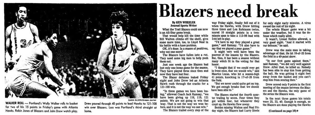 77Blazers's tweet photo. February 11 1977 - #MauriceLucas and #JohnDrew each topped the 40 point mark as the visiting @ATLHawks gave the @trailblazers their third straight home loss. 

Lucas connected on 17-of-26 FGA, and hit all 7 FTA, to score a then career-high 41 points. He also grabbed 8 rebounds. @LionelHollins14 scored 16 points and rookie #WallyWalker finished with 15 points off the bench.

Drew finished with 40 points and 10 rebounds, hitting 18-of-25 FGA. #Hawks rookie PG #ArmondHill scored 15 points and passed for a then career-high 15 assists, a mark he would top in three games. 

Drew has played 12 games against the #Blazers in his two and half years in the @NBA. In six of the games, Drew has topped the 30 point mark and now has two games of 40 points.

The #Blazers entered the game missing #BillWalton and #LloydNeal and lost #LarrySteele 8 minutes into the game with flu-like symptoms. Neal was put on the Injured List and #Portland signed FA #ClydeMayes earlier in the day as a replacement. Mayes played 3 minutes for the Blazers.

Drew was selected by the #AtlantaHawks in the 2nd round of the 1974 #NBA draft and quickly made an impact with the #Hawks. He averaged 18.5 points and 10.7 rebounds per game, and led the #NBA in Offensive Rebounding during his rookie season. He finished in second place for #ROY Award behind #JamaalWilkes.

Drew was traded in 1982 by #Atlanta to the @utahjazz for #DominiqueWilkens. He played three seasons (1982–1985) with the #Jazz, retiring with 15,291 career points. He joined #ArtisGilmore, #GeorgeAdams, and #EddieLeeWilkins as the only alumni of @GWUSports to play in the NBA.

The home loss, the third straight, is the longest home losing streak since the Blazers lost four in a row in December of 1975.  

The 11,707 in attendance is the last time that the Blazers will have under 12,000 people at the #MemorialColiseum.

#RipCity #ThisDateinBlazersHistory #OTD