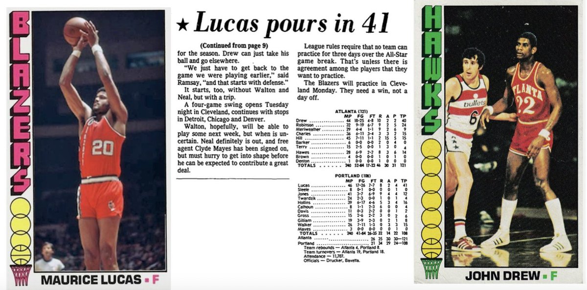 77Blazers's tweet photo. February 11 1977 - #MauriceLucas and #JohnDrew each topped the 40 point mark as the visiting @ATLHawks gave the @trailblazers their third straight home loss. 

Lucas connected on 17-of-26 FGA, and hit all 7 FTA, to score a then career-high 41 points. He also grabbed 8 rebounds. @LionelHollins14 scored 16 points and rookie #WallyWalker finished with 15 points off the bench.

Drew finished with 40 points and 10 rebounds, hitting 18-of-25 FGA. #Hawks rookie PG #ArmondHill scored 15 points and passed for a then career-high 15 assists, a mark he would top in three games. 

Drew has played 12 games against the #Blazers in his two and half years in the @NBA. In six of the games, Drew has topped the 30 point mark and now has two games of 40 points.

The #Blazers entered the game missing #BillWalton and #LloydNeal and lost #LarrySteele 8 minutes into the game with flu-like symptoms. Neal was put on the Injured List and #Portland signed FA #ClydeMayes earlier in the day as a replacement. Mayes played 3 minutes for the Blazers.

Drew was selected by the #AtlantaHawks in the 2nd round of the 1974 #NBA draft and quickly made an impact with the #Hawks. He averaged 18.5 points and 10.7 rebounds per game, and led the #NBA in Offensive Rebounding during his rookie season. He finished in second place for #ROY Award behind #JamaalWilkes.

Drew was traded in 1982 by #Atlanta to the @utahjazz for #DominiqueWilkens. He played three seasons (1982–1985) with the #Jazz, retiring with 15,291 career points. He joined #ArtisGilmore, #GeorgeAdams, and #EddieLeeWilkins as the only alumni of @GWUSports to play in the NBA.

The home loss, the third straight, is the longest home losing streak since the Blazers lost four in a row in December of 1975.  

The 11,707 in attendance is the last time that the Blazers will have under 12,000 people at the #MemorialColiseum.

#RipCity #ThisDateinBlazersHistory #OTD
