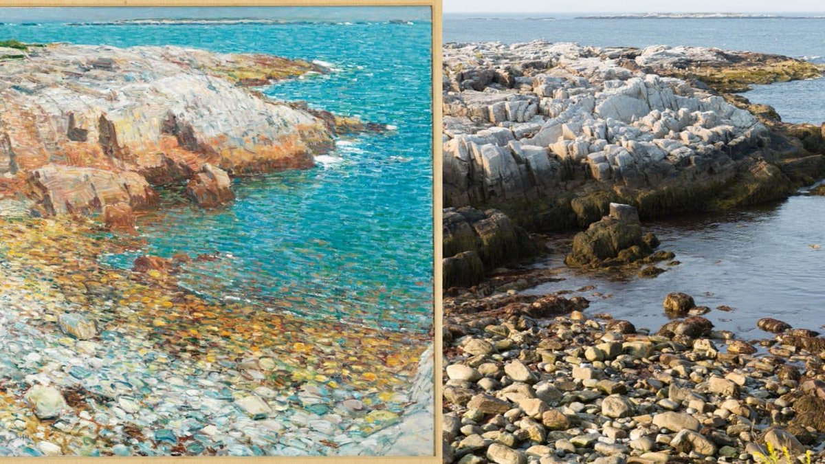 Childe Hassam's painting "Broad Cove" next to a photograph of the location on Appledore, where art meets science