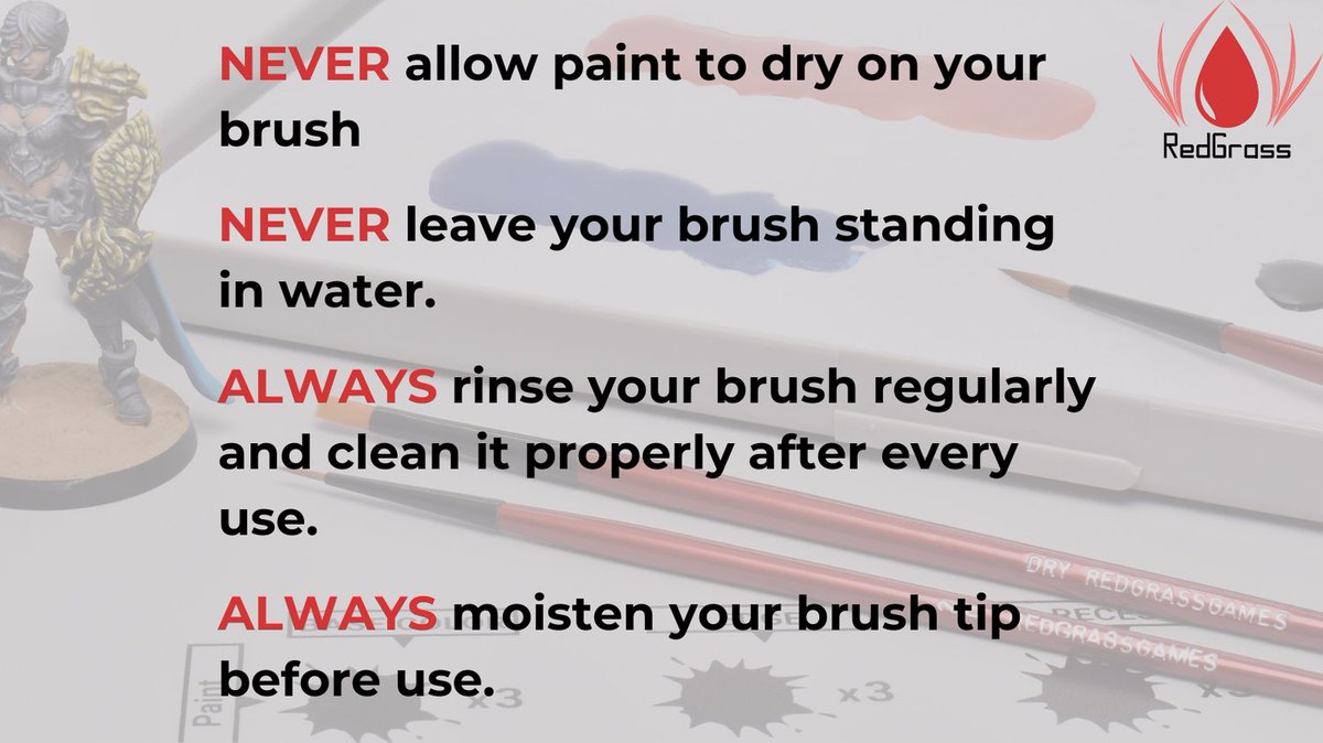 Want to keep your brushes in top shape when using acrylic paint? 🎨 

Follow these four simple rules, and they'll last much longer! 💡🖌️

#MiniaturePainting #BrushCare #PaintingTips #RedgrassCreative