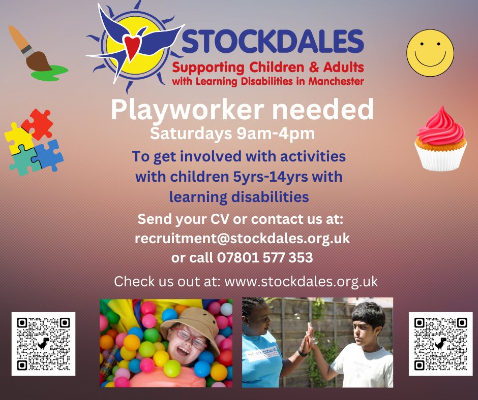Stockdales are hiring for a Saturday play worker at our community day centre in Altrincham-Navigation Road. 
Please see details below and contact us for more information.
#playworker #saturdayjob #learningdisabilities #communitydaycentre #sale #altrincham #trafford #timperley
