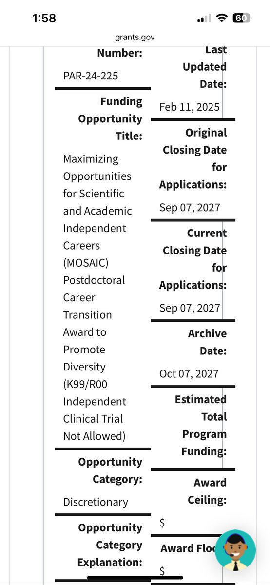 Relieved that the MOSAIC K99/R00 grants.gov page is back up with a new expiration date (updated today). Also hearing that people are actually able to put into applications again