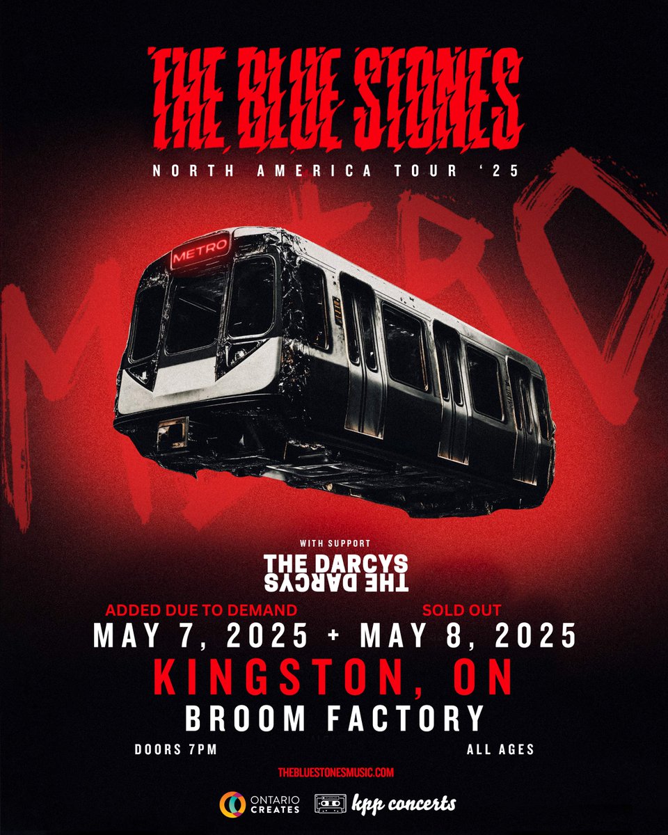 ⚠️  JUST ANNOUNCED ⚠️  Due to overwhelming demand, THE BLUE STONES have added a SECOND NIGHT at the Broom Factory as part of their Metro North America ‘25 tour! May 7, with support from THE DARCYS. 🔥 

Tickets on sale now, don’t miss out!
🎟  rb.gy/c6xhph