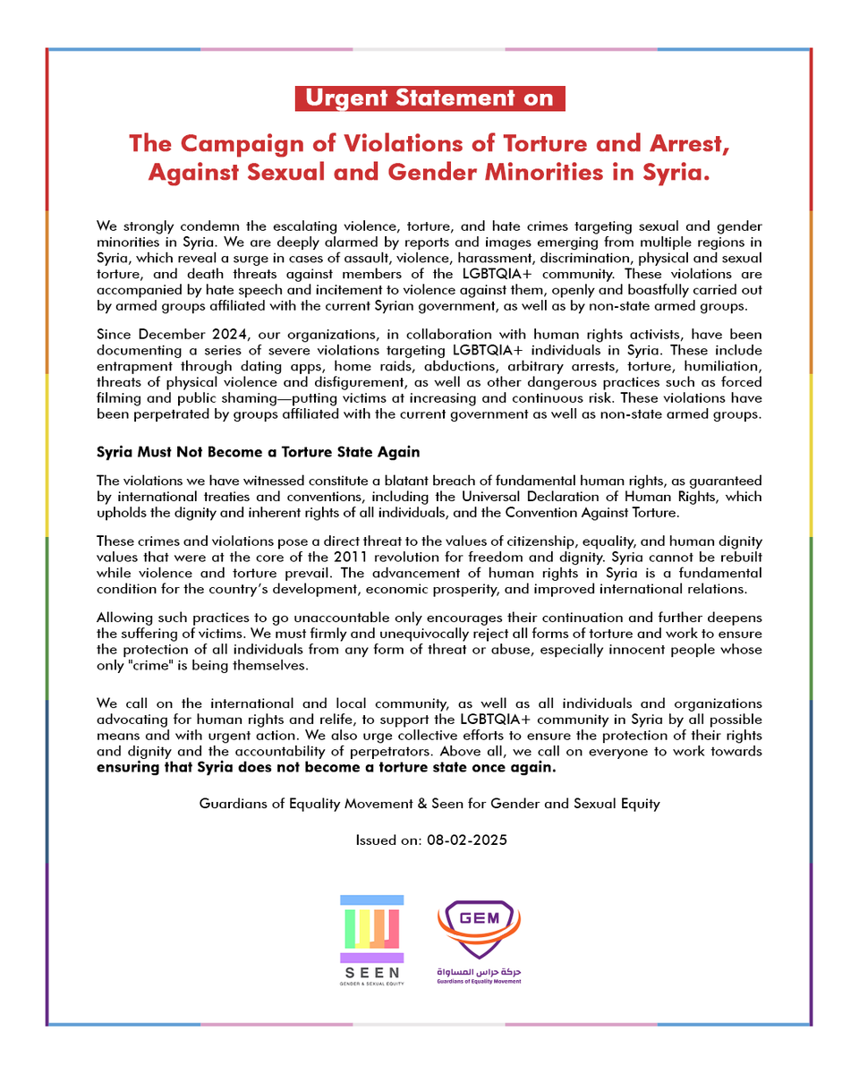 Urgent Statement on the Campaign of Violations of Torture and Arrest, Against Sexual and Gender Minorities in Syria.guardiansgem.org/urgent-stateme…  

#Justice #EndDiscrimination #Syria #ProtectMinorities #StopViolence #Equality #Justice #HumanRights