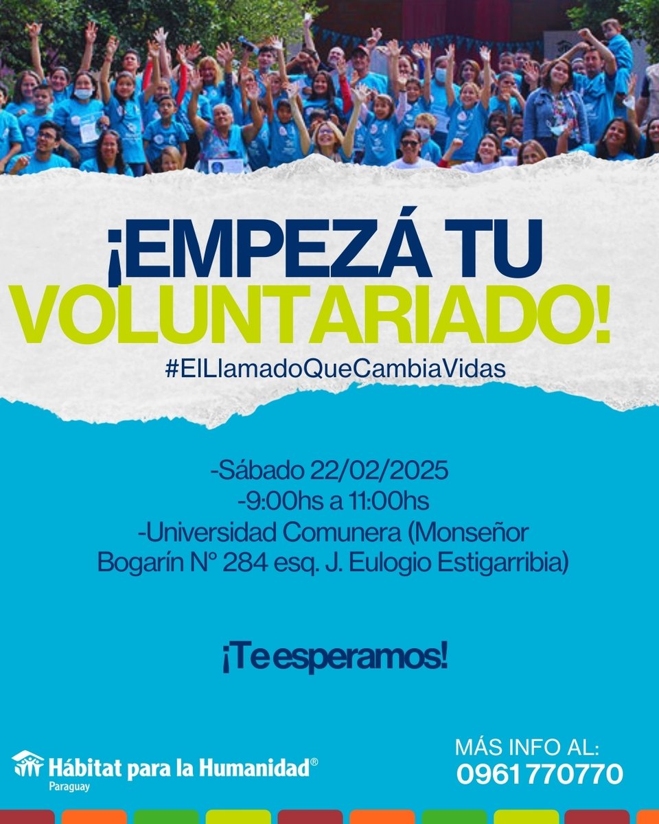 habitatpy's tweet image. Queremos que formes parte del cambio. 💙
Fecha: Sáb 22/02/25
Horario: 9:00 a 11:00 hs Lugar: Universidad Comunera (Monseñor Bogarín N° 284 esq. J. Eulogio Estigarribia)

Vení  conocé cómo podes ser parte de un movimiento que construye hogares, comunidades y esperanza.