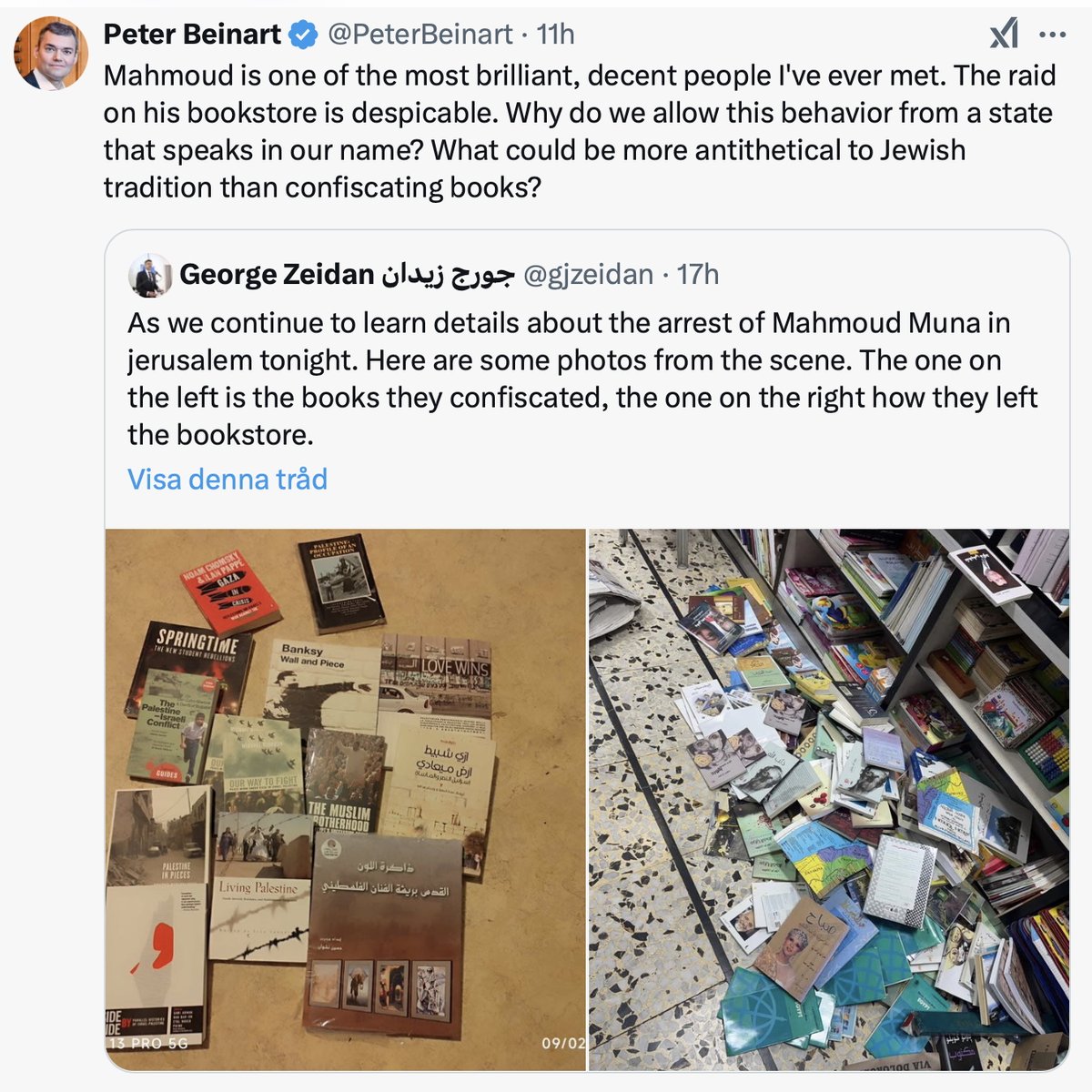 gorberg's tweet photo. Det här är Mahmoud Muna, bokhandlare i Jerusalem, som jag träffade i våras. En fascistisk polis i en stat som kallar sig "judisk" konfiskerar böcker och skövlar en bokhandel – är det någon mer än jag som ser en grym ironi i detta. https://t.co/7JYws9n8Wk