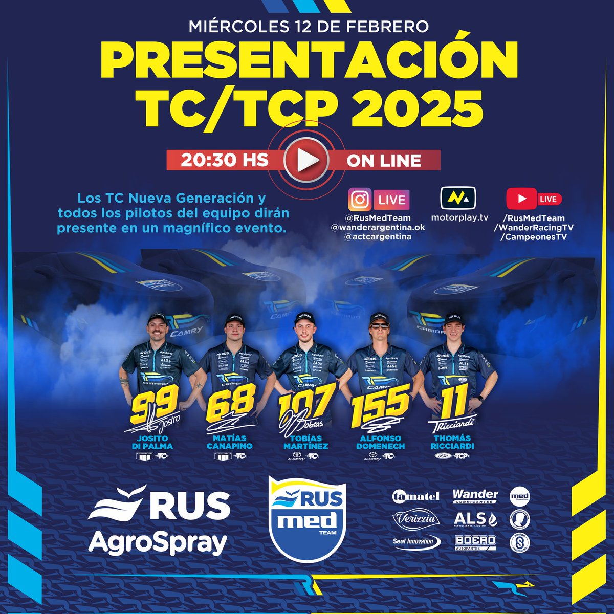 🥁 Presentamos los autos y pilotos de la temporada
🔸 Turismo Carretera #TC:
🔹 Josito Di Palma, Chevrolet Camaro #99
🔹 Tobías Martínez, Toyota Camry #107
🔹 Matías Canapino, Chevrolet Camaro #68
🔹 Alfonso Domenech, Toyota Camry #155
🔸TC Pista:
🔹 Thomas Ricciardi, Ford #11