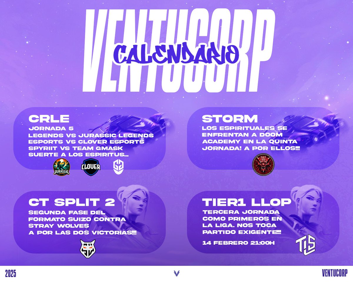 VentuCorp eSports (@ventucorp) on Twitter photo 📌CALENDARIO VENTUCORP
• Semana de partidazos en rocket league Vs #JurassicLegends <a href="/TeamGMask/">Team GMask</a> <a href="/teamclover_ec/">Official Account | Clover</a> <a href="/doomreaperstv/">𝔇𝔬𝔬𝔪 𝔯𝔢𝔞𝔭𝔢𝔯𝔰 𝔢𝔖𝔭𝔬𝔯𝔱𝔰</a>
• PARTIDAZO en <a href="/TormentaVALes/">Circuito Tormenta | VALORANT</a> Vs <a href="/SWolvesesports/">Stray Wolves 🐺</a>
• Nos toca defender el liderato en <a href="/Gamesportselect/">Gamesports Electrònics</a> Vs <a href="/TLS__eSports/">TLS eSports</a>
#VentuCorpForever 📌CALENDARIO VENTUCORP
• Semana de partidazos en rocket league Vs #JurassicLegends <a href="/TeamGMask/">Team GMask</a> <a href="/teamclover_ec/">Official Account | Clover</a> <a href="/doomreaperstv/">𝔇𝔬𝔬𝔪 𝔯𝔢𝔞𝔭𝔢𝔯𝔰 𝔢𝔖𝔭𝔬𝔯𝔱𝔰</a>
• PARTIDAZO en <a href="/TormentaVALes/">Circuito Tormenta | VALORANT</a> Vs <a href="/SWolvesesports/">Stray Wolves 🐺</a>
• Nos toca defender el liderato en <a href="/Gamesportselect/">Gamesports Electrònics</a> Vs <a href="/TLS__eSports/">TLS eSports</a>
#VentuCorpForever