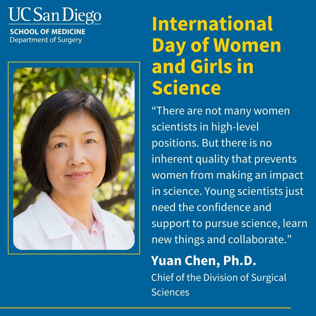 UCSDsurgery's tweet photo. Happy International Women and Girls in Science Day!🥼🥽 We spoke to Yuan Chen, Ph.D., chief of the Division of Surgical Sciences, on being a #WomaninScience. Chen’s research focuses on developing immunotherapies for cancer treatment. #WomeninSTEM #WomeninMedicine #UCSDSurgery https://t.co/k2R4aNhKGi