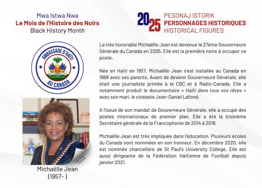 EmbHaiti_ca's tweet photo. Célébrons le Mois de l’Histoire des https://t.co/CNJamoR8h6 ! 

L’Ambassade de la République d’Haïti au Canada vous présente une série spéciale mettant en lumière 25 personnalités noires qui ont marqué l’histoire. 
Chaque jour du mois de février, nous mettrons à l’honneur une figure emblématique. Aujourd’hui, nous célébrons la très honorable Michaëlle Jean, première personne de race noire et première femme noire à occuper le poste de Gouverneure générale et Commandante en chef du Canada et troisième Secrétaire générale de la Francophonie.

#MoisDeLHistoireDesNoirs #Histoire 
#MichaelleJean
#AmbassadeHaitiCanada