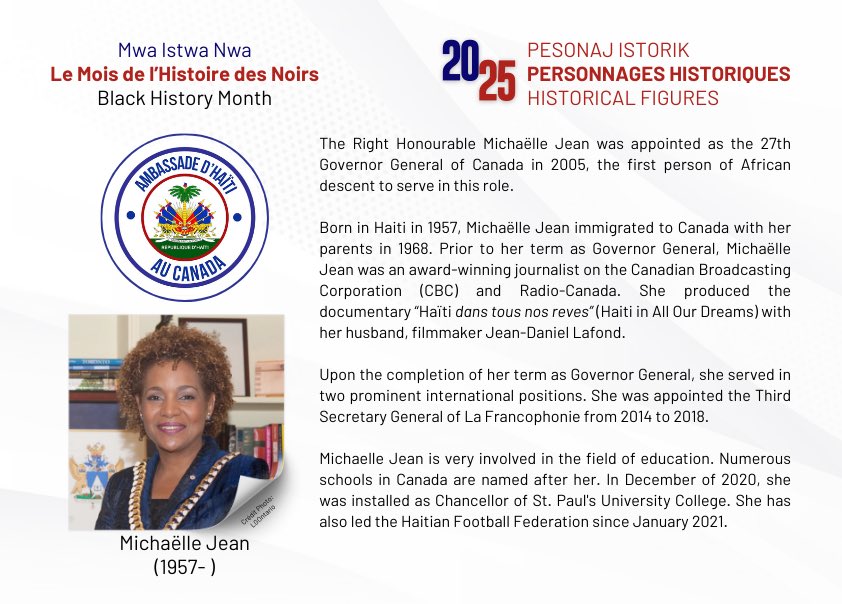 Célébrons le Mois de l’Histoire des Noir.es ! 

L’Ambassade de la République d’Haïti au Canada vous présente une série spéciale mettant en lumière 25 personnalités noires qui ont marqué l’histoire. 
Chaque jour du mois de février, nous mettrons à l’honneur une
