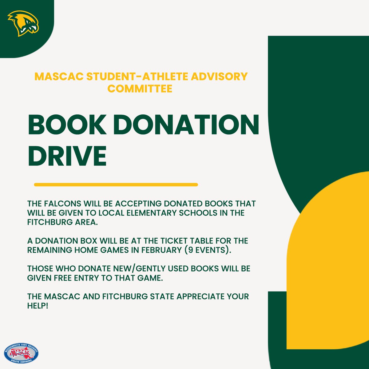 Fitchburg Falcons (@fsu_falcons) on Twitter photo Bring your elementary-level books to get into games for free! With nine events left this month, the FSU Student-Athlete Advisory Committee will collect books at the ticket table during all home games for the remainder of February. Bring your elementary-level books to get into games for free! With nine events left this month, the FSU Student-Athlete Advisory Committee will collect books at the ticket table during all home games for the remainder of February.