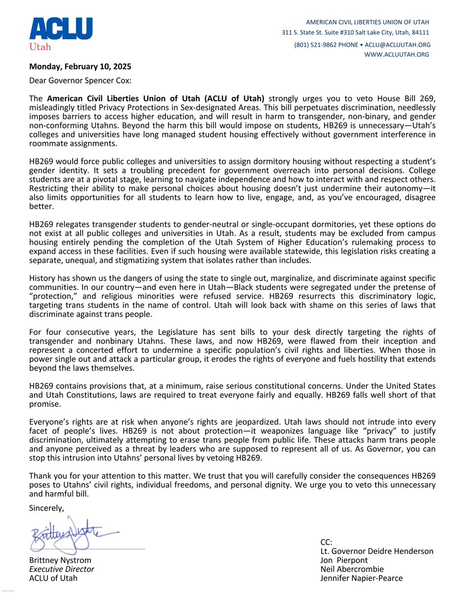 ACLU of Utah (@acluutah) on Twitter photo As Governor, <a href="/SpencerJCox/">Spencer Cox</a>, you can stop this intrusion into Utahns’ personal lives by vetoing HB269. As Governor, <a href="/SpencerJCox/">Spencer Cox</a>, you can stop this intrusion into Utahns’ personal lives by vetoing HB269.