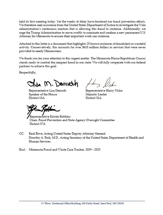 🚨 BREAKING: Minnesota House Republican leaders have formally requested U.S. Attorney General Pam Bondi to launch a DOJ investigation into fraud and mismanagement in Minnesota state programs.