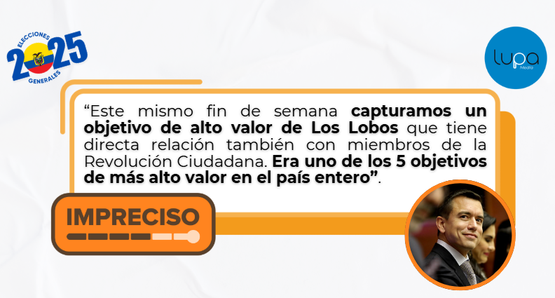 🟠Impreciso | "Este mismo fin de semana capturamos un objetivo de alto valor de Los Lobos que tiene directa relación también con miembros de la Revolución Ciudadana. Era uno de los 5 objetivos de más alto valor en el país entero".

El pasado 10 de febrero de 2024, el Bloque de