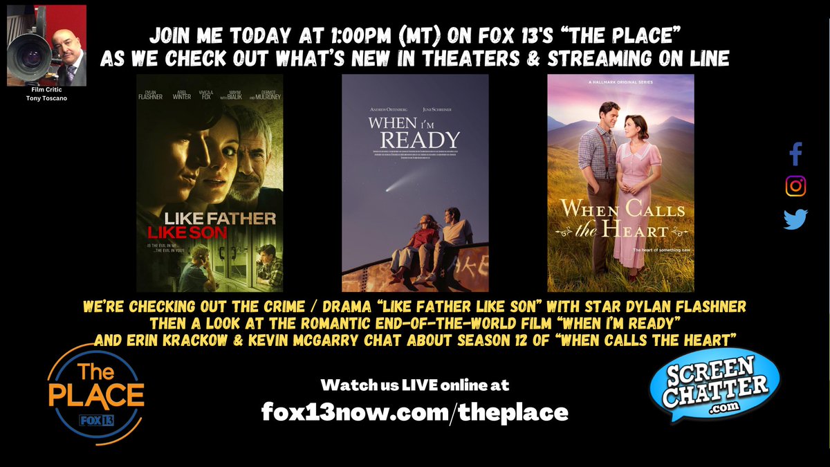 TalkingPictures's tweet photo. Join us at 1:PM (MT) for #Fox13Utah's #ThePlace as we check out #LikeFatherLikeSon, #WhenImReady & #WhenCallsTheHeart
#ErinKrakow #KevinMcGarry #AndrewOrtenberg #JuneSchreiner
#ScreenChatter #moviereviews #streamingreviews #interviews https://t.co/AqwuEMYRYC
