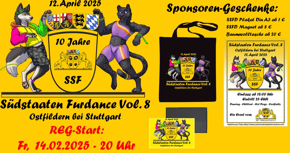 REG-START Ankündigung für

#Südstaaten #Furdance Vol. 8
am 12. April 2025 in #Ostfildern

Wir feiern 10 Jahre SSF!

REG-START: Freitag, den 14.02.2025 - 20 Uhr

Erstelle Dir jetzt schon ein SSF-Account oder check Deinen Vorhandenen:
s-s-f.de/register?name=…

#SSFD8 #SSFD2025 #SSF