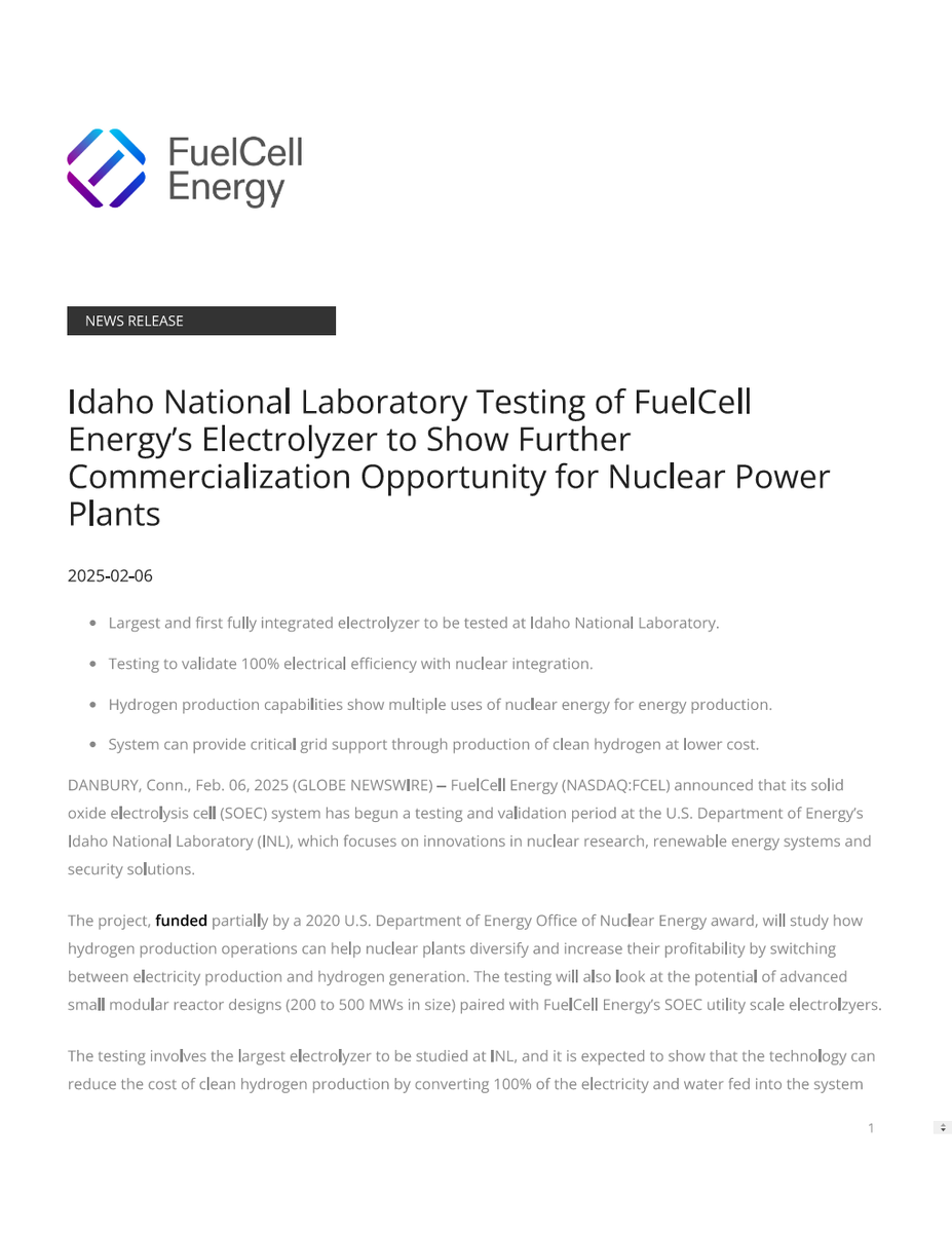 $FCEL "Idaho National Laboratory Testing of FuelCell Energy's Electrolyzer to Show Further Commercialization Opportunity for Nuclear Power Plants"