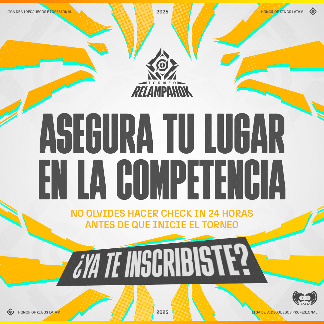 🚨 ¡Recuerda hacer Check-In al torneo de Honor of Kings #RelámpaHoK  24 horas antes de que inicie la competencia! ⏰

Es fundamental para asegurar tu lugar.

Regístrate en los 3 clasificatorios para aumentar tus oportunidades de ganar  🔗 link.lvp.global/HoK3