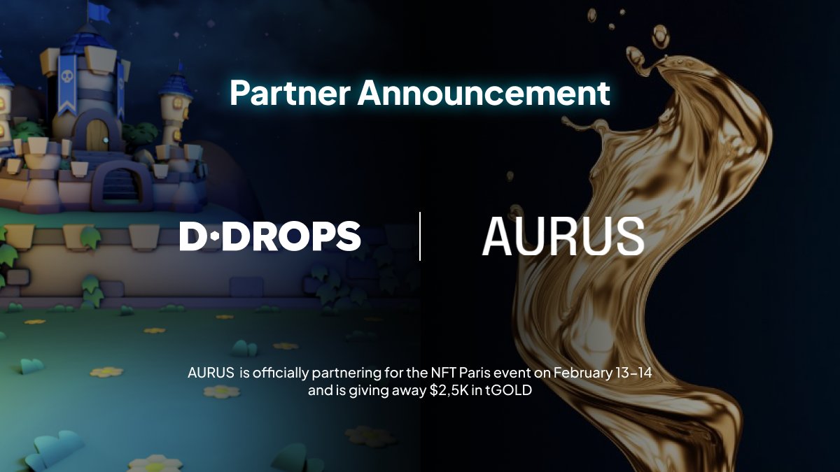 We’re excited to welcome <a href="/AurusOfficial/">AURUS</a> as an official partner of the D-Drops X <a href="/nft_paris/">NFT Paris</a> Treasure Hunt! 

AURUS will be providing the main prize of the treasure hunt, which is $2,5K in tGOLD!

With this grand prize, AURUS is making the treasure hunt worth every attendees time!
