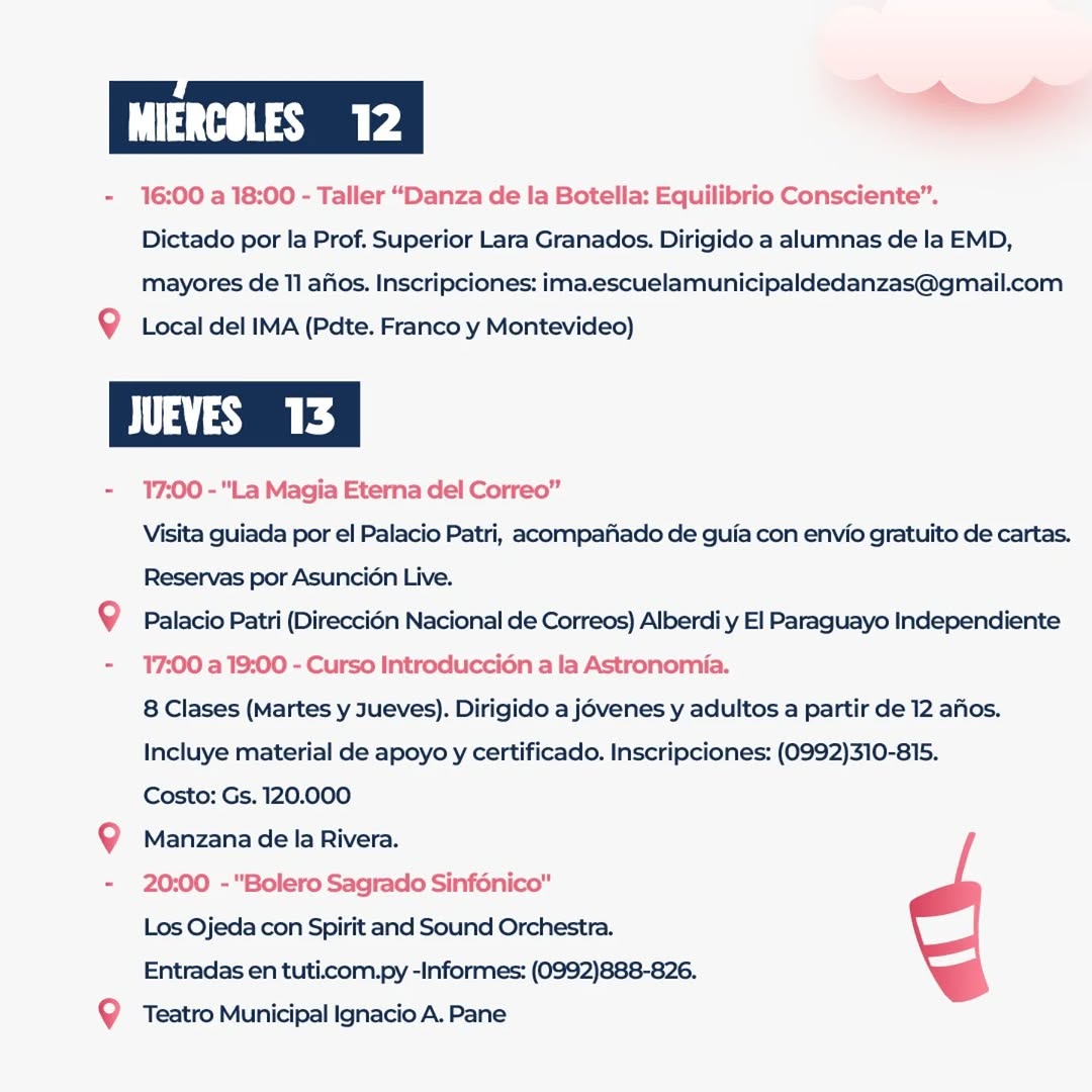📅 Agenda #AsuCulturaYTurismo ✨
¡Te traemos lo mejor de la cultura y el turismo en esta semana del amor! 🫶🏼
¡No te pierdas de estas actividades  y enamoráte cada vez más de Asunción! 

#Cultura #Turismo #DescubreAsunción #Actividades 👣🎉