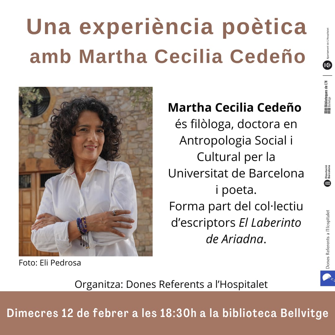 Dimecres 12 de febrer, t'esperem a la <a href="/BiblioBellvitge/">Biblioteca Bellvitge</a> per gaudir d'una experiència poètica amb Martha Cecilia Cedeño <a href="/Marlunaria/">Martha Cedeño-Pérez</a> antropòloga, filòloga i poeta. No us ho perdeu #doneresreferentslh #cultura #poesia #bibliotequeslh