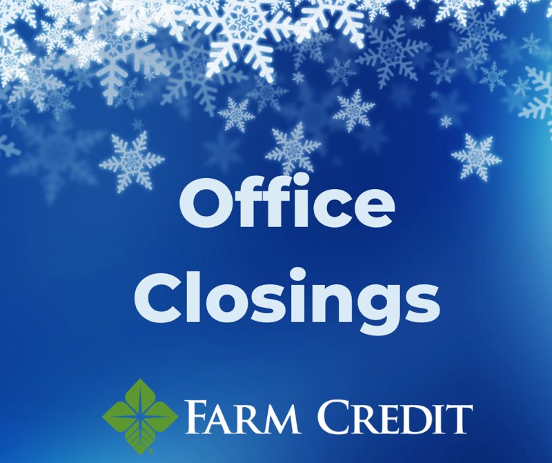 ColFarmCredit's tweet image. UPDATE: Our Tappahannock and West Point offices are closed for the remainder of today, February 11th, due to inclement weather. Our Hughesville, MD office will be closing at 3 PM today.
