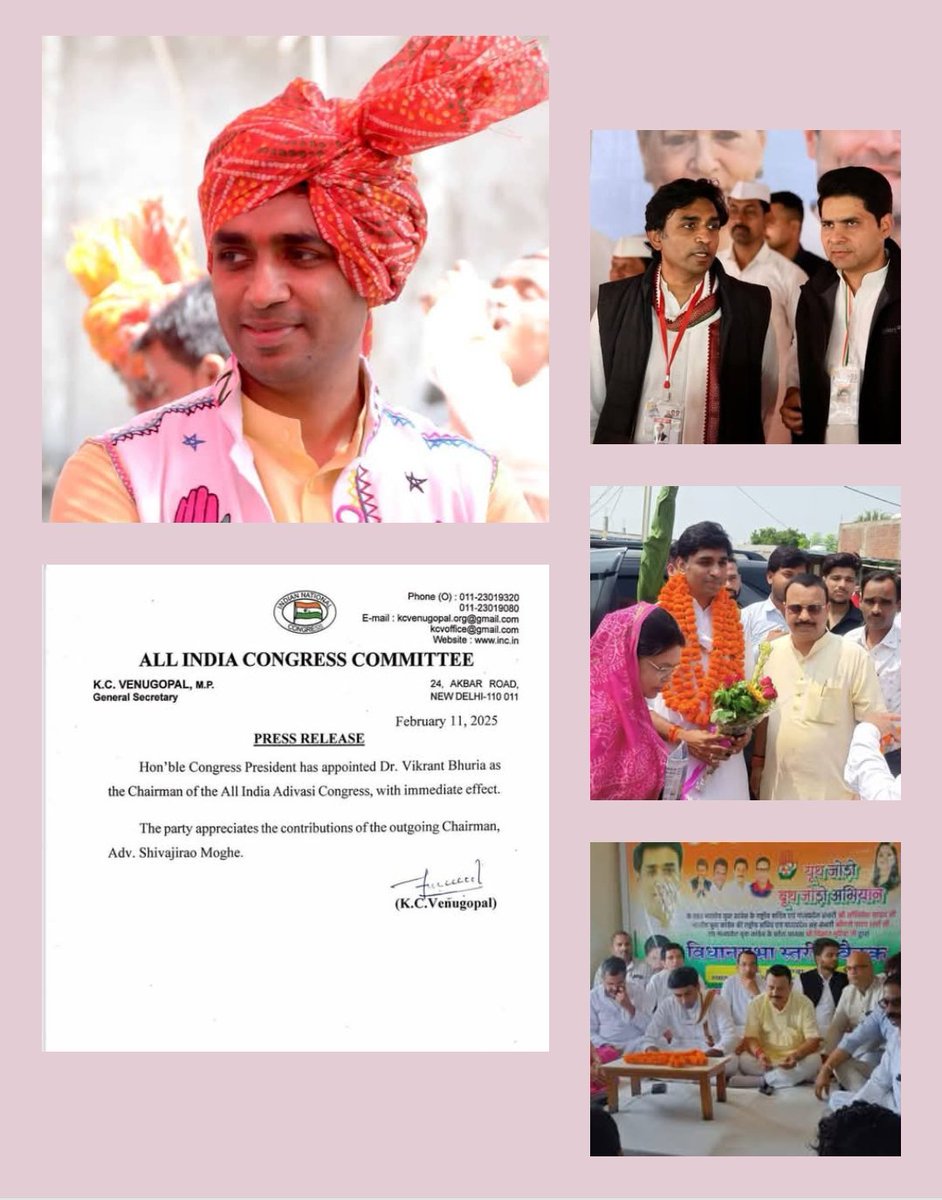 ArvindSinghINC's tweet photo. अखिल भारतीय कांग्रेस अध्यक्ष मा. श्री मल्लिकार्जुन खड़गे जी के द्वारा मध्यप्रदेश युवा कांग्रेस के पूर्व अध्यक्ष, युवा आदिवासी विधायक डॉ. विक्रांत भूरिया जी को अखिल भारतीय आदिवासी कांग्रेस का अध्यक्ष बनाए जाने पर हार्दिक बधाई एवं शुभकामनाएं।
@VikrantBhuria https://t.co/wYoxiONGQL