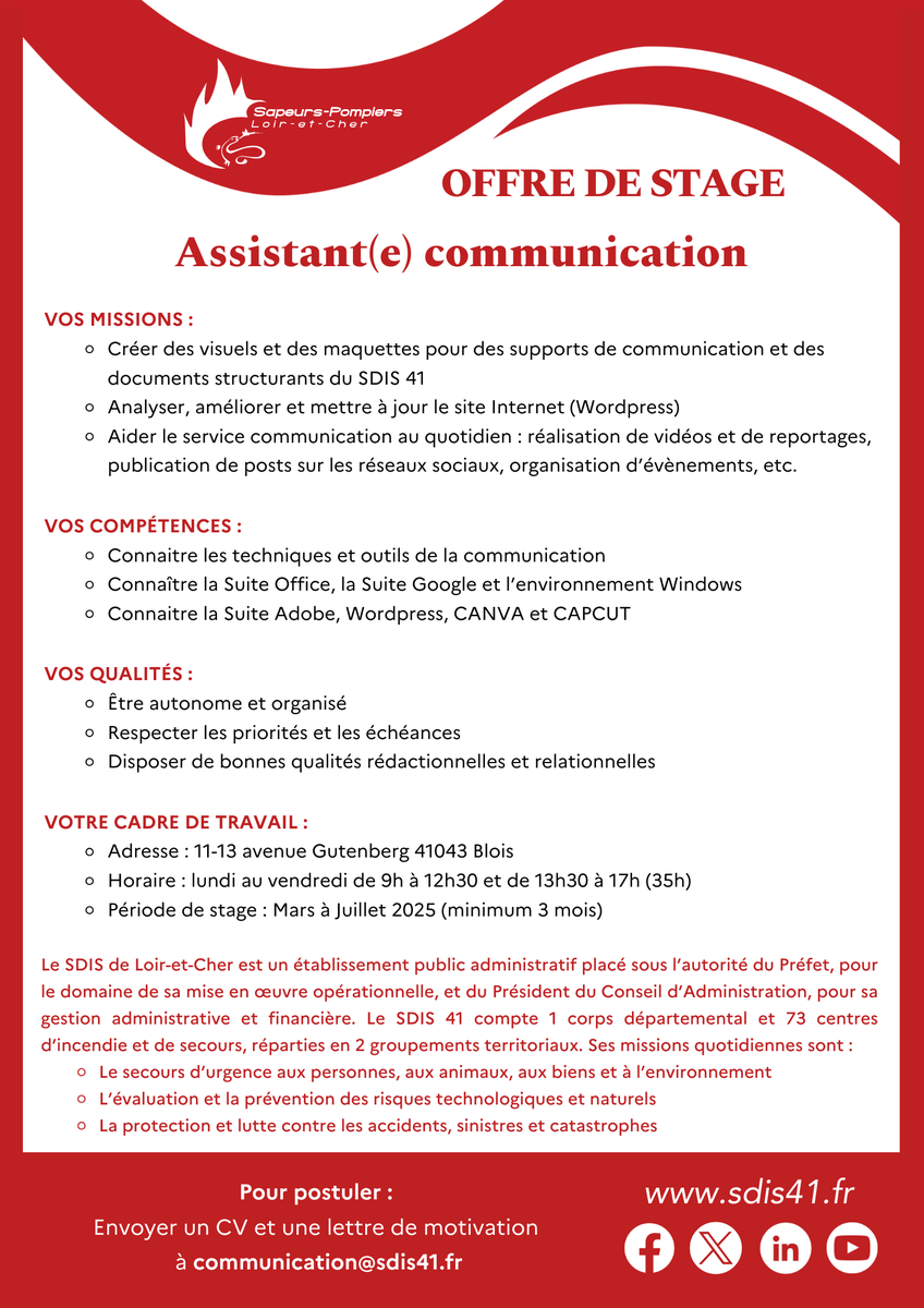 Les sapeurs-pompiers de Loir-et-Cher recrutent un stagiaire en communication  à partir de mars pour une période minimum de 3 mois. Plus d'informations sur le stage 👇