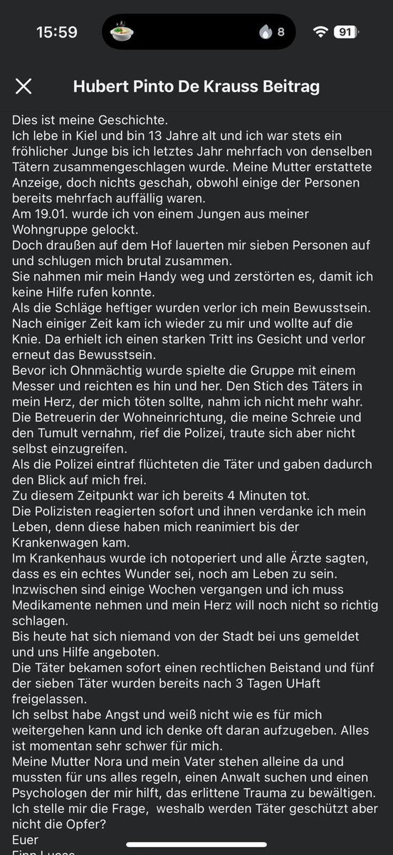 Der 13 Jährige aus Kiel , der vor einigen Wochen Messeropfer wurde . 

Habe nur diesen Facebook Screenshot aus meinem Umfeld erhalten .