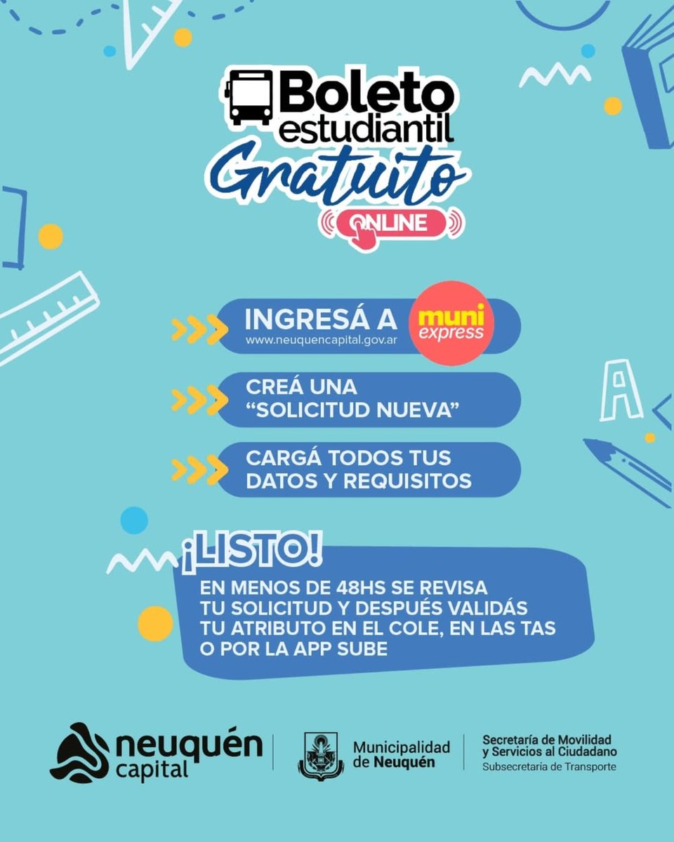 📚¡Tramitá el boleto estudiantil Gratuito con tiempo!
Es importante tramitar esta semana el beneficio para poder después retirar el kit escolar de una manera más ordenada y rápida, podes hacerlo de forma online en neuquencapital.gov.ar siguiendo los siguientes pasos 👇
