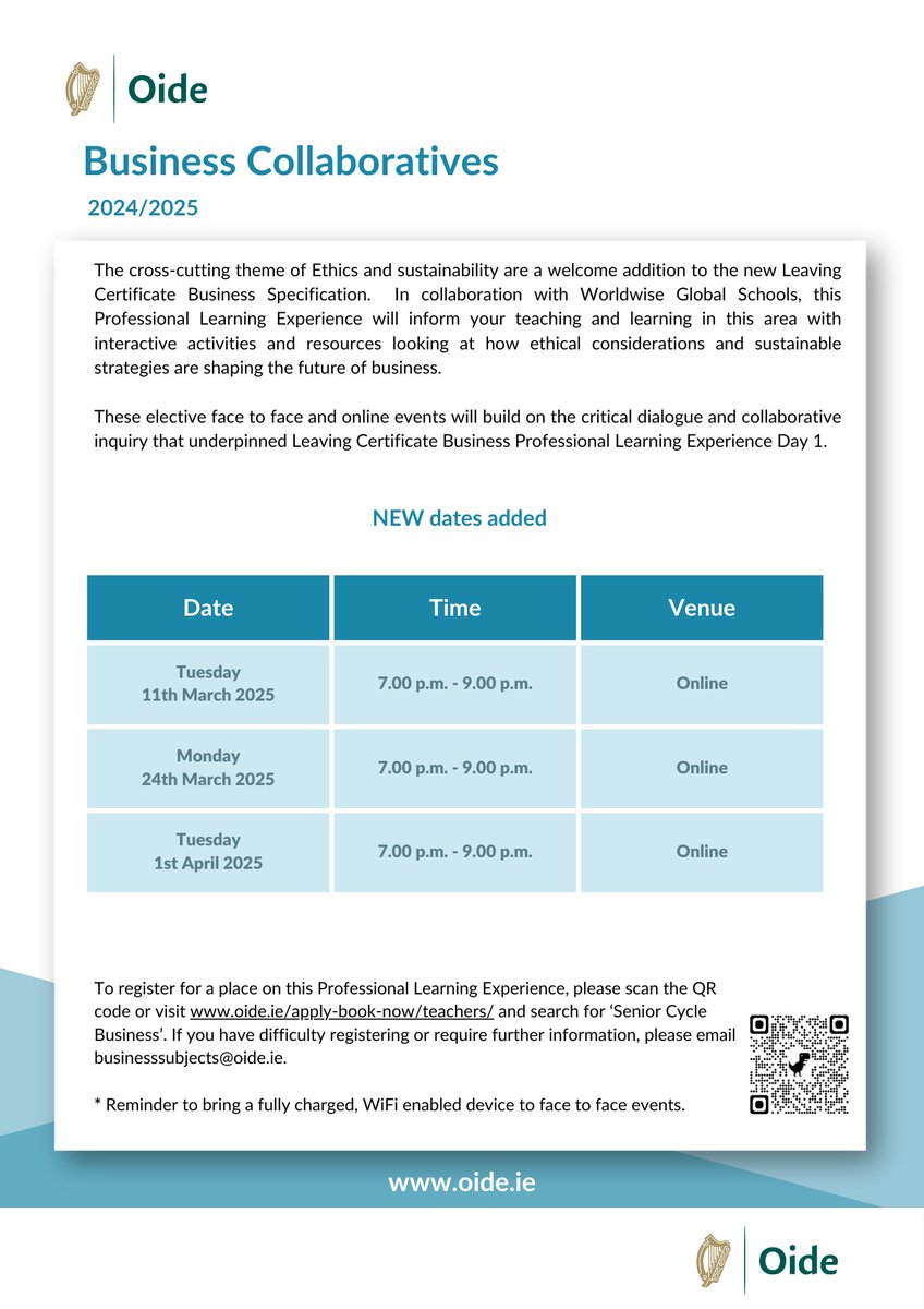 Oide Business Subjects Post-primary (@oide_business) on Twitter photo Due to popular demand, new online dates have been added to our Business collaborative with <a href="/WorldWise_Irl/">WorldWise Global Schools</a>.
Register here ➡️oide.ie/teachers/ Due to popular demand, new online dates have been added to our Business collaborative with <a href="/WorldWise_Irl/">WorldWise Global Schools</a>.
Register here ➡️oide.ie/teachers/