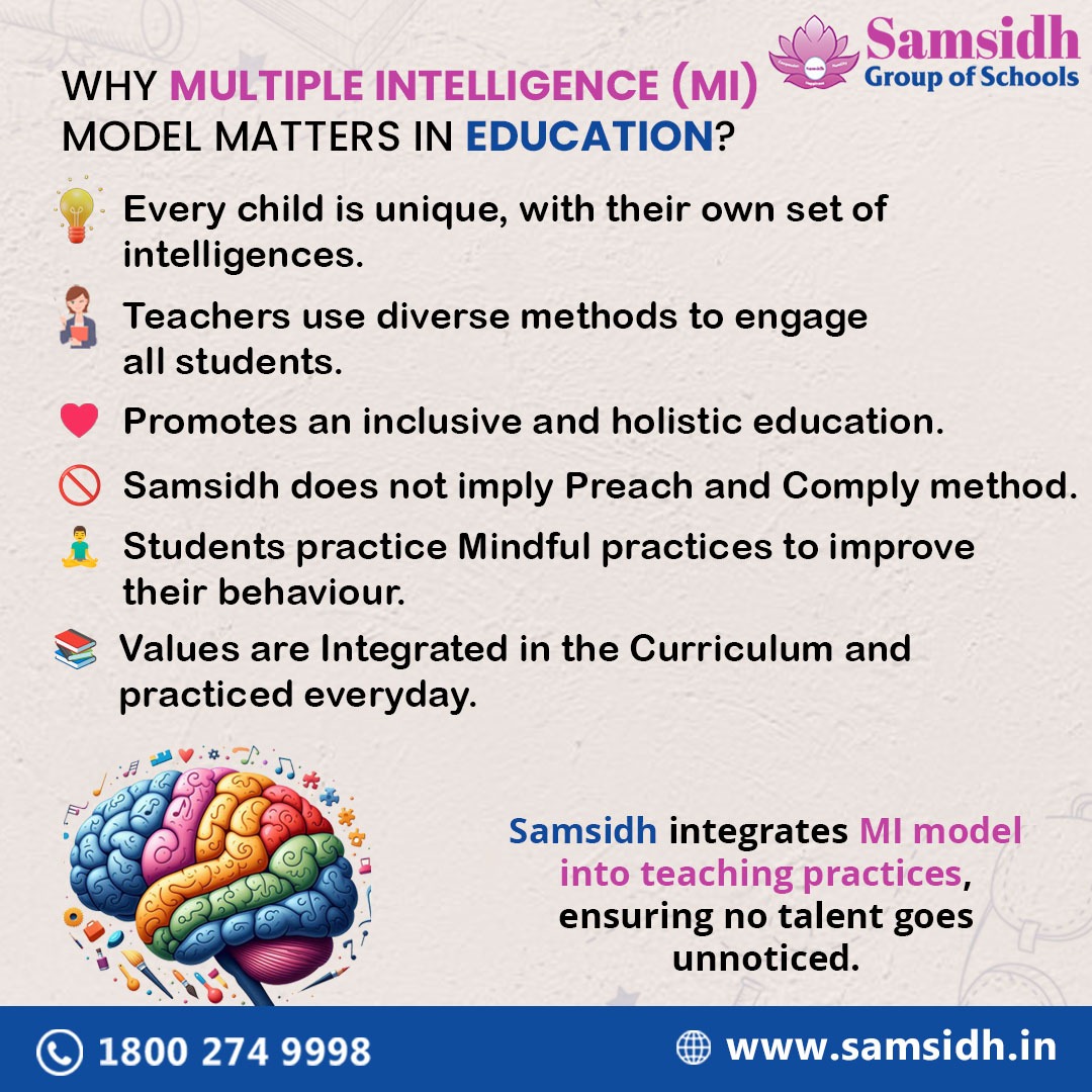SamsidhSchools's tweet image. Multiple Intelligence (MI) Model can uncover your Child&apos;s True Potential!

At Samsidh, we believe every child is gifted in their own unique way. 

Help your child foster unique talents through the MI model. Join Samsidh!

#MultipleIntelligence #CBSE #SamsidhGroupofSchools