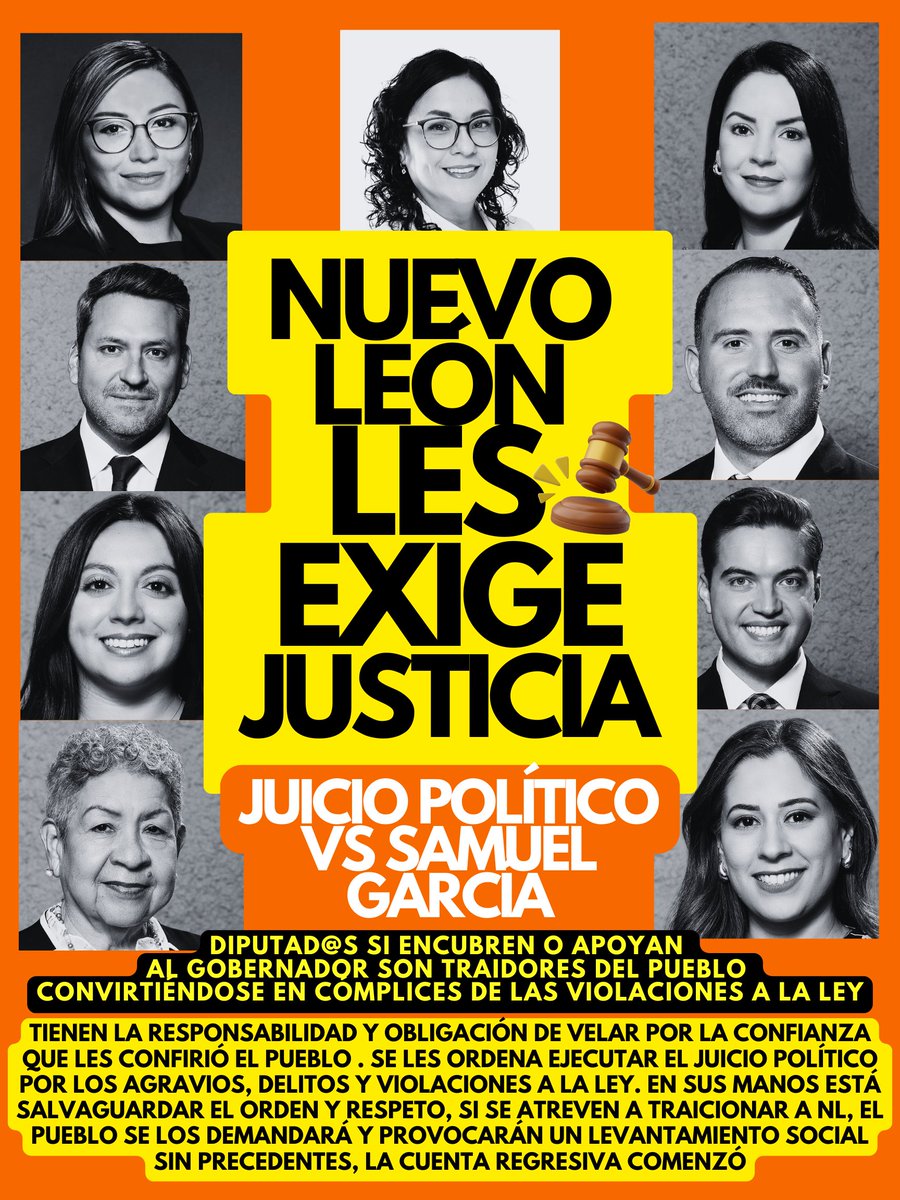 <a href="/josuegonzaleztv/">Josué González</a> <a href="/BereMartinezD/">Bere Martínez</a> <a href="/MtyFollow/">MtyFollow®</a> <a href="/rayelizalder/">Ray Elizalde</a> <a href="/lorenadelagarza/">Lorena de la Garza</a> <a href="/PartidoMorenaMx/">Morena</a> <a href="/MorenaNLMX/">Morena NL</a> <a href="/VicSanPlas/">Vic THOR</a> <a href="/FloresBenavid/">LilianaFloresBenavid</a> <a href="/joeresendez/">José Luis Reséndez</a> <a href="/RealPolitikNL/">RealPolitik NL</a> @LaPolakaRegia <a href="/rdmaquiavelo/">El Rincón de Maquiavelo</a> <a href="/Mty_Leones/">Vecino de Cumbres</a> <a href="/LoQuePasaEnNL/">@QuePasaEnNL ®️</a> <a href="/QuePasaEnSN/">#LoQuePasaEnSN®️DM Abierto</a> <a href="/elvazleta/">La Inge X⚡</a> <a href="/TacticaR1/">Táctica ss</a> <a href="/FufitoPedro/">Pedro Alejo Rodriguez Fufito</a> <a href="/elyurivanegas/">El YURI Vanegas</a> <a href="/Twitero_Rayado/">🔥Bellezo de Cantino🔥</a> <a href="/MelRayada/">La TIA Ⓜ️ELY Rayada 🇫🇮7️⃣</a> <a href="/VecinoEscobedo/">𝑣𝑒𝑐𝑖𝑛𝑜 𝑑𝑒 𝐸𝑠𝑐𝑜𝑏𝑒𝑑𝑜</a> <a href="/VecinoRegi0/">Vecin🅾️Regi🅾️</a> <a href="/GretaBarraH/">Greta Barra</a> @BrendaNLMX <a href="/greciabenavides/">Grecia Benavides</a> <a href="/AnyluBendicion/">Anylú Bendición</a> <a href="/JesusElizondoS/">Jesús Elizondo Salazar</a> <a href="/TomasMontoyaD/">Tomás Montoya</a> <a href="/sotomario97/">Mario Soto Esquer</a> ATENCIÓN DIPUTAD@S DE #NUEVOLEÓN 
EL PUEBLO DE NL LES EXIGE JUSTICIA JUICIO POLÍTICO VS #SAMUELGARCÍA 
<a href="/BereMartinezD/">Bere Martínez</a>
<a href="/GretaBarraH/">Greta Barra</a>
@BrendaNLMX
<a href="/greciabenavides/">Grecia Benavides</a>
<a href="/AnyluBendicion/">Anylú Bendición</a>
<a href="/JesusElizondoS/">Jesús Elizondo Salazar</a>
<a href="/TomasMontoyaD/">Tomás Montoya</a>
<a href="/sotomario97/">Mario Soto Esquer</a> 
<a href="/MorenaNLdip/">Grupo Legislativo Morena (Nuevo León)</a> 
<a href="/LoQuePasaEnNL/">@QuePasaEnNL ®️</a> <a href="/QuePasaEnSN/">#LoQuePasaEnSN®️DM Abierto</a> <a href="/VicSanPlas/">Vic THOR</a>