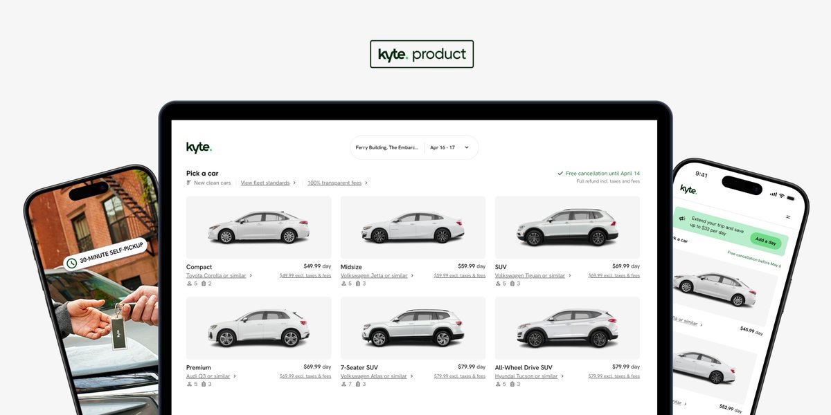 DriveKyte's tweet image. Kyte 2025 Winter Release ❄️ We're thrilled to unveil a series of updates with you in mind:
✔️ Automatic upgrades
✔️ 1-hour Self-Pickup for last-minute plans
✔️ Simplified planning with smarter billing
Learn more about these features: kyte.com/blog/kyte-wint…
