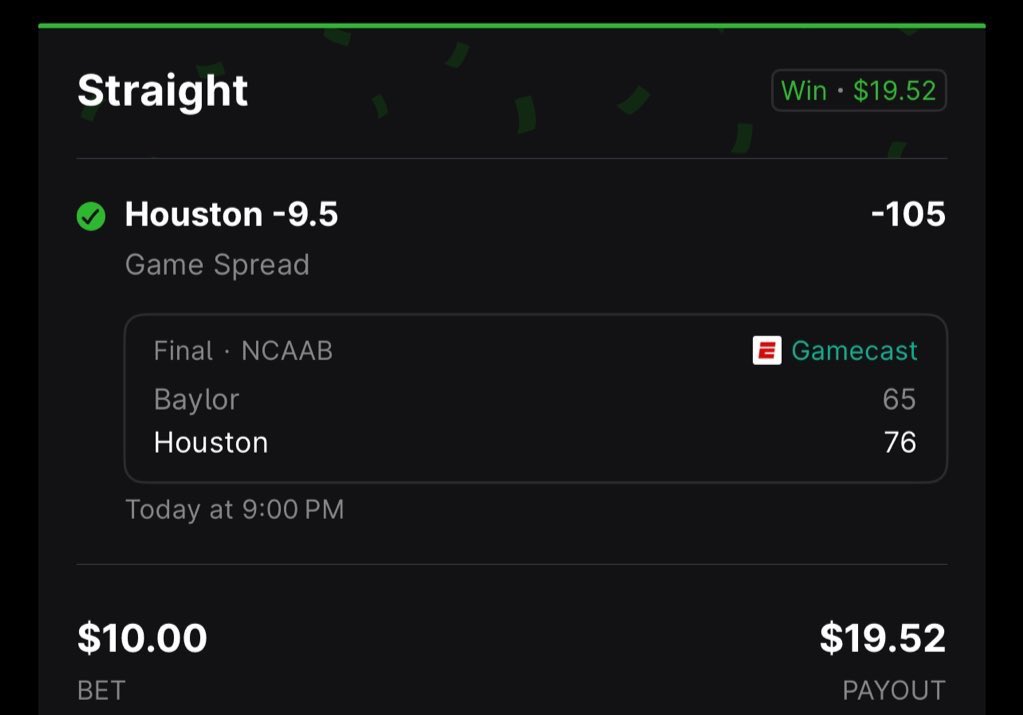 LADDER CHALLENGE $10 - $1000 🪜 

I BELIEVE IF WE COMPLETE IT ONCE WE CAN COMPLETE IT AGAIN! 

DAY 1 : HOUSTON -9.5 ✅

WE READY FOR DAY 2  ?? ⬇️ 

LIKE 👍🏻 + RETWEET ♻️ + COMMENT 💬

#GamblingX #GamblingTwitter