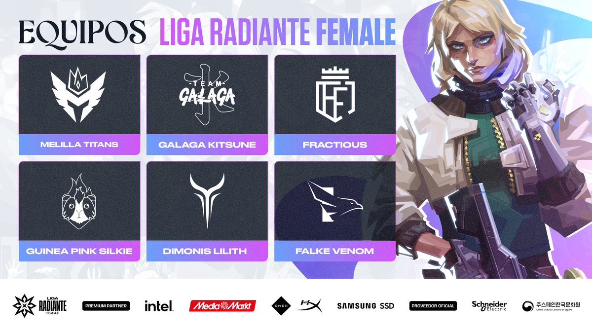 Circuito Tormenta | VALORANT (@tormentavales) on Twitter photo ¡Estos son los equipos que participarán en la Liga Radiante Female!
💥<a href="/MelillaTitans/">Melilla Titans</a>
💥<a href="/TeamGalaga/">Team Galaga</a> Kitsune
💥<a href="/FractiousES/">Fractious Esports</a>
💥<a href="/GuineaPinkClub/">Guinea Pink 🏳️🌈</a> Silkie
💥@dimonisesports Lilith
💥<a href="/FALKE_EC/">Falke Esports</a> Venom
¿Estáis preparados?🤩
➡️circuitotormenta.riotgames.com/news/la-liga-r… ¡Estos son los equipos que participarán en la Liga Radiante Female!
💥<a href="/MelillaTitans/">Melilla Titans</a>
💥<a href="/TeamGalaga/">Team Galaga</a> Kitsune
💥<a href="/FractiousES/">Fractious Esports</a>
💥<a href="/GuineaPinkClub/">Guinea Pink 🏳️🌈</a> Silkie
💥@dimonisesports Lilith
💥<a href="/FALKE_EC/">Falke Esports</a> Venom
¿Estáis preparados?🤩
➡️circuitotormenta.riotgames.com/news/la-liga-r…