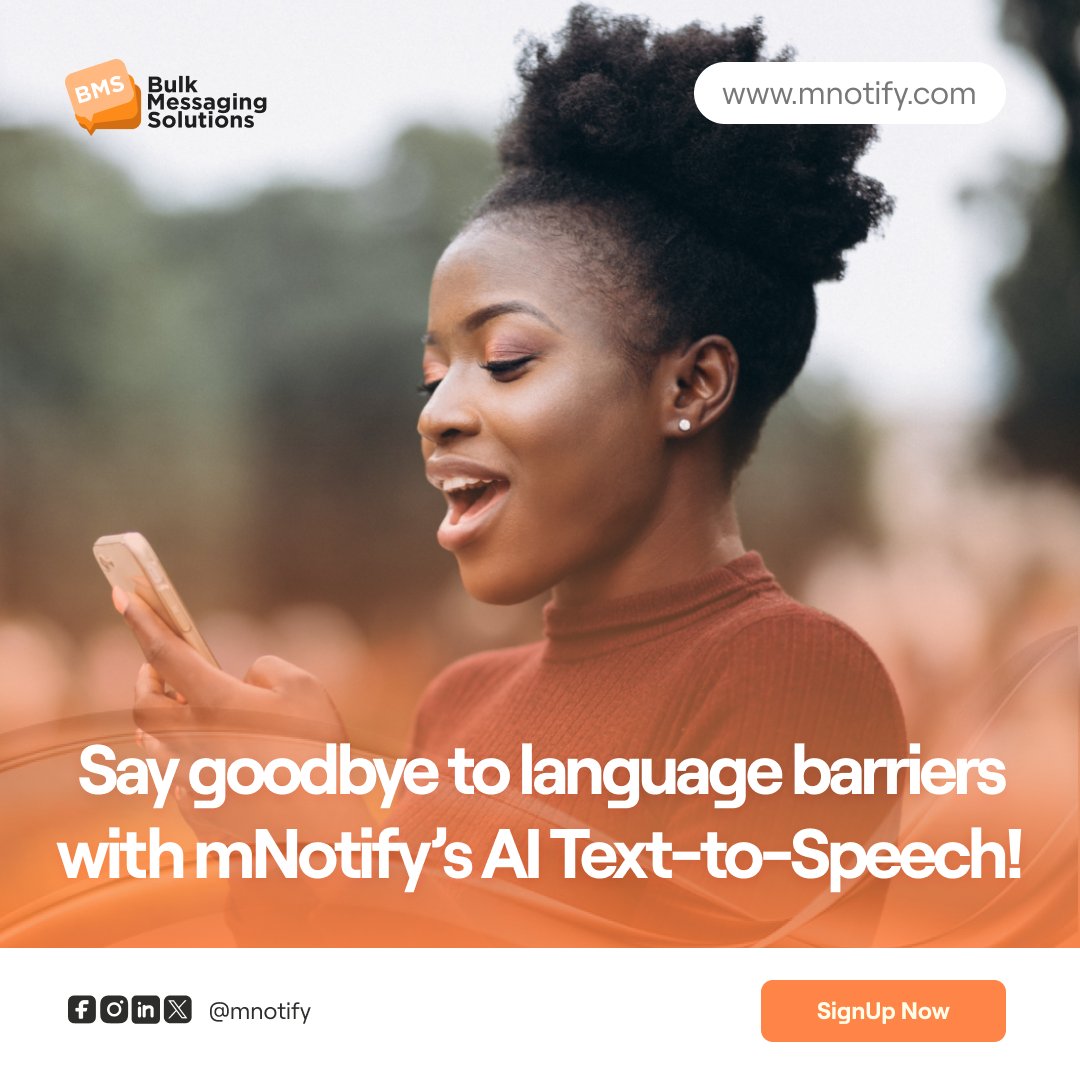 Say goodbye to language barriers! With mNotify’s AI Text-to-Speech, you can easily convert text into clear, natural speech in your preferred local language. Communicate seamlessly, anywhere, anytime!

Sign up now: bms.mnotify.com

#AI #TextToSpeech #BusinessCommunication